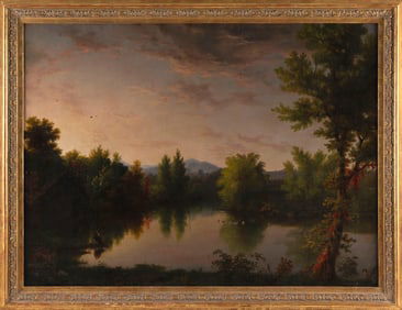 AMERICAN SCHOOL (19th Century,), Sunset over a mountain lake., Oil on canvas, 26" x 35". Framed