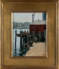 JEFF WEAVER (Massachusetts, 1953-), Fishing pier., Oil on board, 14" x 11". Framed 21.5" x 18.5".