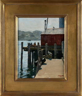 JEFF WEAVER (Massachusetts, 1953-), Fishing pier., Oil on board, 14" x 11". Framed 21.5" x 18.5".: JEFF WEAVERMassachusetts, 1953-Fishing pier. Signed and dated lower right "J. Weaver 09".Oil on board, 14" x 11". Framed 21.5" x 18.5".