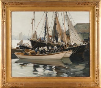 ANTHONY THIEME (Massachusetts/California, 1888-1954), Ships at dock., Oil on canvas, 25" x 30".