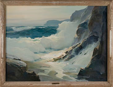 PHILIP G. SHUMAKER (Pennsylvania/Maine, 1921-1967), "New England Surf"., Oil on canvas, 30" x 40".