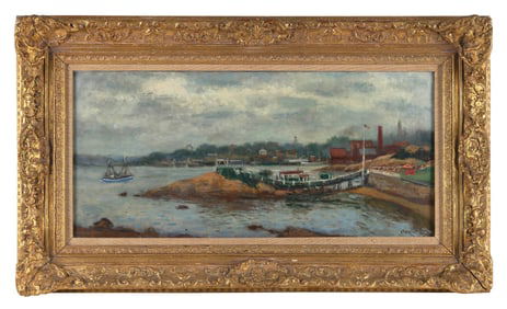 ROBERT PHILLIPP (New York, 1895-1981), "Grey Day, Gloucester, Mass 1950"., Oil on canvas, 14" x 30".