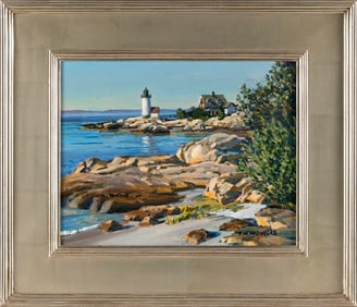 THOMAS M. (T.M.) NICHOLAS (Maine/Massachusetts, 1963-), Lighthouse on a rocky shore., Oil on board,