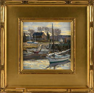 THOMAS M. (T.M.) NICHOLAS (Maine/Massachusetts, 1963-), "Essex Morning"., Oil on board, 8" x 8".: THOMAS M. (T.M.) NICHOLASMaine/Massachusetts, 1963-"Essex Morning". Signed lower left "T.M. Nicholas". Titled verso.Oil on board, 8" x 8". Framed 14.75" x 14.75". Provenance:James D. Julia, Fairfield,