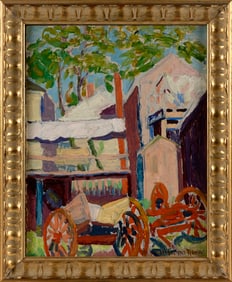 MINNIE HARMS NEEBE (Illinois, 1873-1936), "Fish Carts"., Oil on board, 14" x 11". Framed 17.5" x