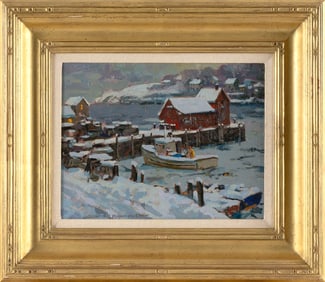 DONALD ALLEN MOSHER (Massachusetts, 1945-2014), Motif #1, winter., Oil on canvas, 9" x 12". Framed