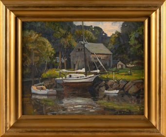 KENNETH KNOWLES (Massachusetts, 1968-), "Essex Sloop"., Oil on masonite, 14" x 18". Framed 20" x