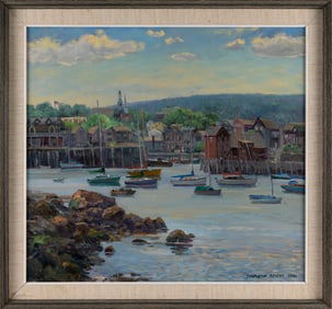 STAPLETON KEARNS (Massachusett/Maine/Minnesota, 1952-), Rockport Harbor., Oil on canvas, 27" x 30".