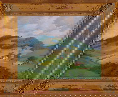 WILLIAM JURIAN KAULA (Massachusetts, 1871-1953), "Vermont Farm"., Oil on board, 10" x 13". Framed: WILLIAM JURIAN KAULAMassachusetts, 1871-1953"Vermont Farm". Signed lower right "William Kaula". Titled on frame plaque. Authentication note signed by Minnette H. Cummings affixed verso.Oil on board, 1