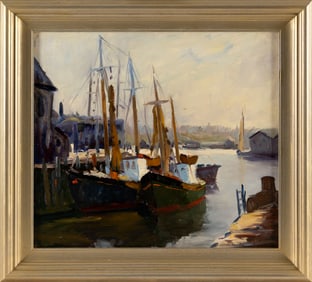 PAUL BEADEN HUDDER (Nevada/Massachusetts, 1897-1991), "Gloucester Port"., Oil on canvas board, 18" x