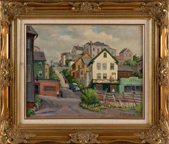 JACOB I. GREENLEAF (Massachusetts, 1887-1968), "Main St. Gloucester"., Oil on canvas board, 16" x