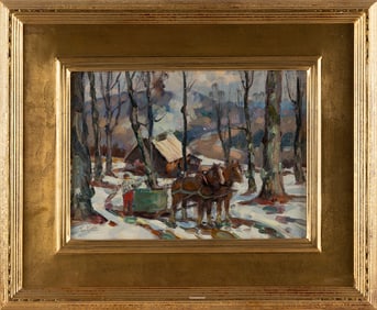 THOMAS R. CURTIN (Vermont/Massachusetts, 1899-1977), "Gathering Sap"., Oil on canvas board, 10" x