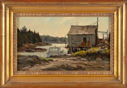 BERNARD COREY (Massachusetts, 1914-2000), Fishing pier., Oil on masonite, 7" x 12". Framed 10.5" x