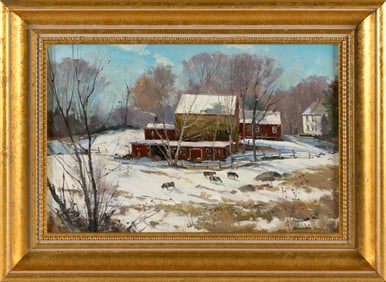 BERNARD COREY (Massachusetts, 1914-2000), "Winter Farm Scene, Mendon, MA"., Oil on masonite, 10.5" x