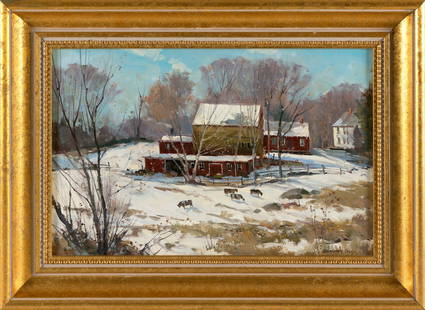 BERNARD COREY (Massachusetts, 1914-2000), "Winter Farm Scene, Mendon, MA"., Oil on masonite, 10.5" x: BERNARD COREYMassachusetts, 1914-2000"Winter Farm Scene, Mendon, MA". Signed lower right "Bernard Corey". Titled verso.Oil on masonite, 10.5" x 16". Framed 15" x 20.5".