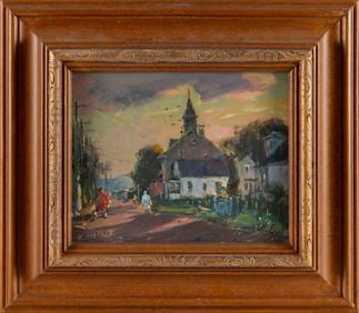 ANTONIO CIRINO (Rhode Island/Italy, 1889-1983), "E. Prov. R.I. Church, Sunset"., Oil on board, 8" x