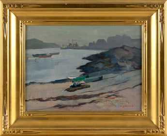 ABRAHAM JACOB BOGDANOVE (New York/Maine/Russian Federation, 1887-1946), Quiet harbor., Oil on board,