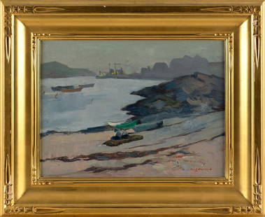 ABRAHAM JACOB BOGDANOVE (New York/Maine/Russian Federation, 1887-1946), Quiet harbor., Oil on board,: ABRAHAM JACOB BOGDANOVENew York/Maine/Russian Federation, 1887-1946Quiet harbor. Signed lower right "A.J. Bogdanove".Oil on board, 12" x 16". Framed 18" x 22".