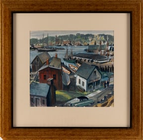 AMERICAN SCHOOL (Mid-20th Century,), "Fishmarket, East Gloucester"., Gouache, 14.25" x 15.5" sight.