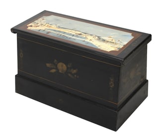 ELIZABETH MUMFORD (Massachusetts, 1950-2020), Painted pine chest with village ice skating scene on