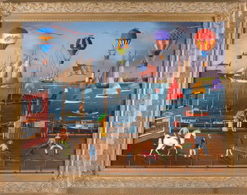 JEROME HOWES (New York/Massachusetts, 1955-), "Whimsical Nantucket Harbor", Oil on board, 29" x 39".