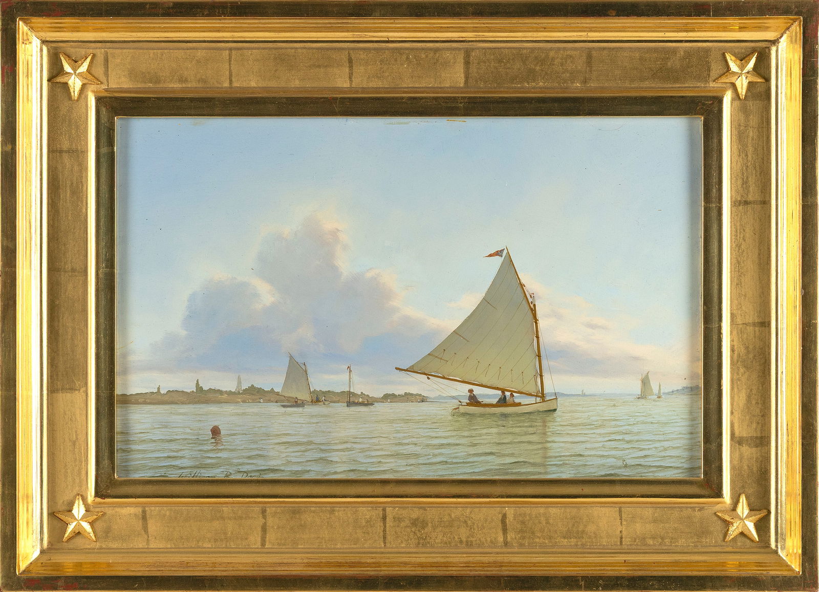 WILLIAM R. DAVIS (Massachusetts, 1952-), "Summer Sail"., Oil on panel, 10" x 16". Framed 15.5" x: WILLIAM R. DAVISMassachusetts, 1952-"Summer Sail". Signed lower left "William R. Davis". Titled verso.Oil on panel, 10" x 16". Framed 15.5" x 21.5".