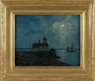 WILLIAM R. DAVIS (Massachusetts, 1952-), "Full Moon at Rose Island Light, Newport RI."., Oil on