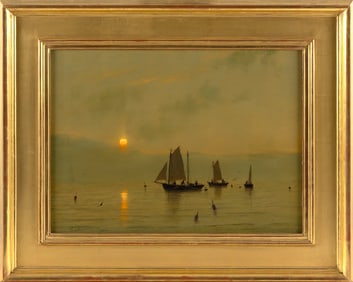 WILLIAM R. DAVIS (Massachusetts, 1952-), "Sunset Fishermen"., Oil on board, 12" x 16". Framed 18" x