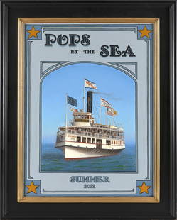 WILLIAM R. DAVIS (Massachusetts, 1952-), "Pops by the Sea"., Oil on board, 24" x 18". Framed 30" x: WILLIAM R. DAVISMassachusetts, 1952-"Pops by the Sea". Signed lower left "William R. Davis". Original artwork for the 2012 Pops by the Sea concert program.Oil on board, 24" x 18". Framed 30" x 24".