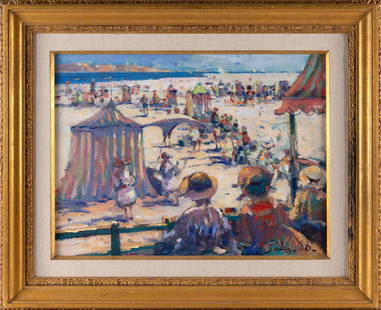 DONALD ROY PURDY (Connecticut, 1924-2016), A day at the beach., Oil on board, 18" x 24". Framed 27": DONALD ROY PURDYConnecticut, 1924-2016A day at the beach. Signed and dated lower right "Purdy 88".Oil on board, 18" x 24". Framed 27" x 33".