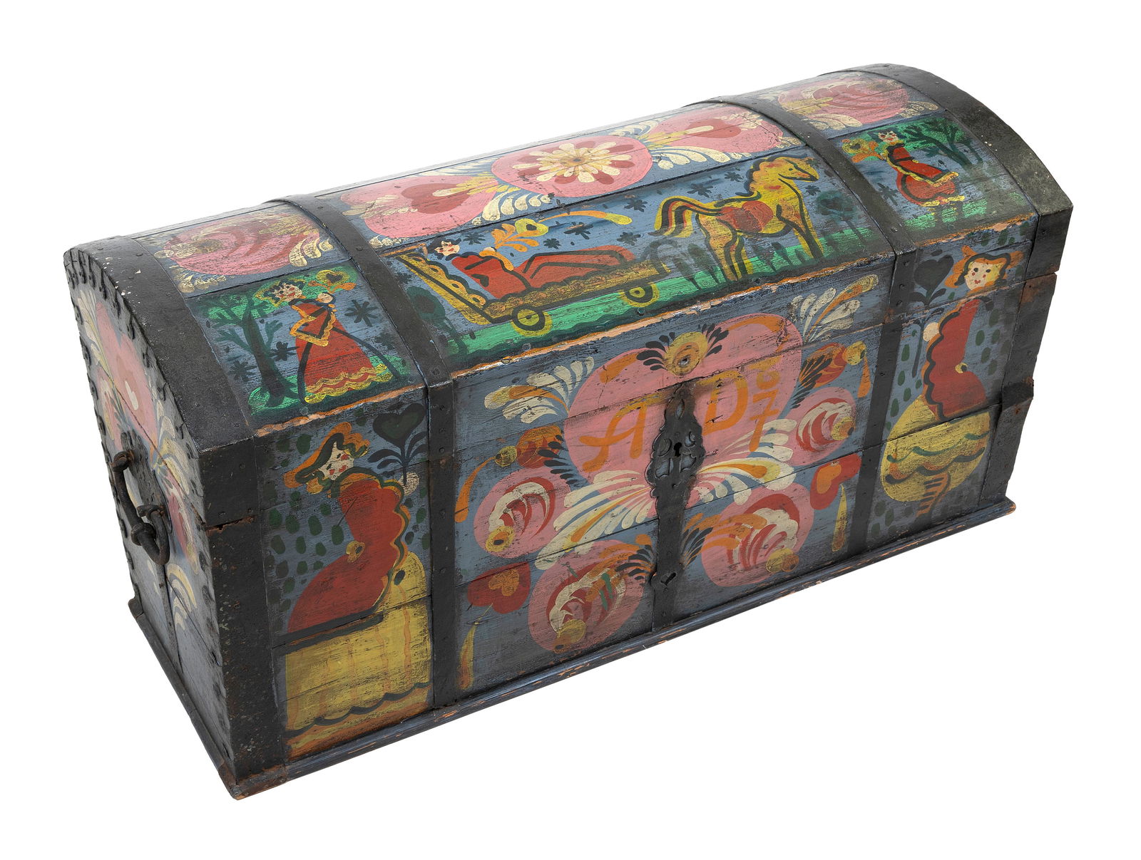 ATTRIBUTED TO PETER HUNT (Massachusetts, 1896-1967), Painted dome-top iron-bound chest., Height 25".: ATTRIBUTED TO PETER HUNTMassachusetts, 1896-1967Painted dome-top iron-bound chest. "Pleure le chasseure d'Orleans" (Cries the Hunter of Orleans) across the top in typical Peter Hunt-style lettering. F
