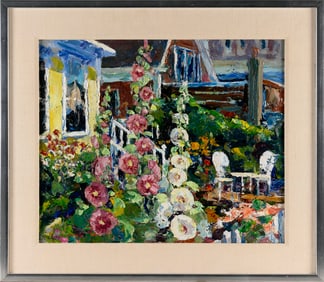 NANCY WHORF (Massachusetts, 1930-2009), "Sunset House"., Oil on masonite, 20" x 24". Framed 27" x