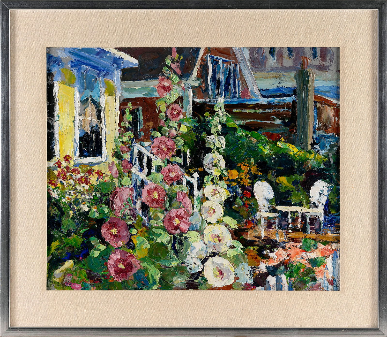 NANCY WHORF (Massachusetts, 1930-2009), "Sunset House"., Oil on masonite, 20" x 24". Framed 27" x: NANCY WHORFMassachusetts, 1930-2009"Sunset House". Signed lower left "N. Whorf". Titled verso.Oil on masonite, 20" x 24". Framed 27" x 31".
