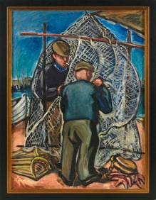 EVELIN BODFISH BOURNE (Massachusetts, 1892-1954), Net menders., Oil on canvas board, 24" x 17.5".