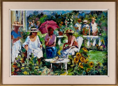 ATTRIBUTED TO NANCY WHORF (Massachusetts/Florida, 1930-2009), "Garden Gossip"., Oil on masonite, 24"