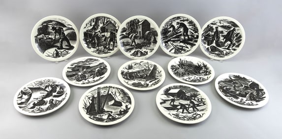 SET OF TWELVE WEDGWOOD CLARE LEIGHTON "NEW ENGLAND INDUSTRIES" PLATES England, 1950s Diameters