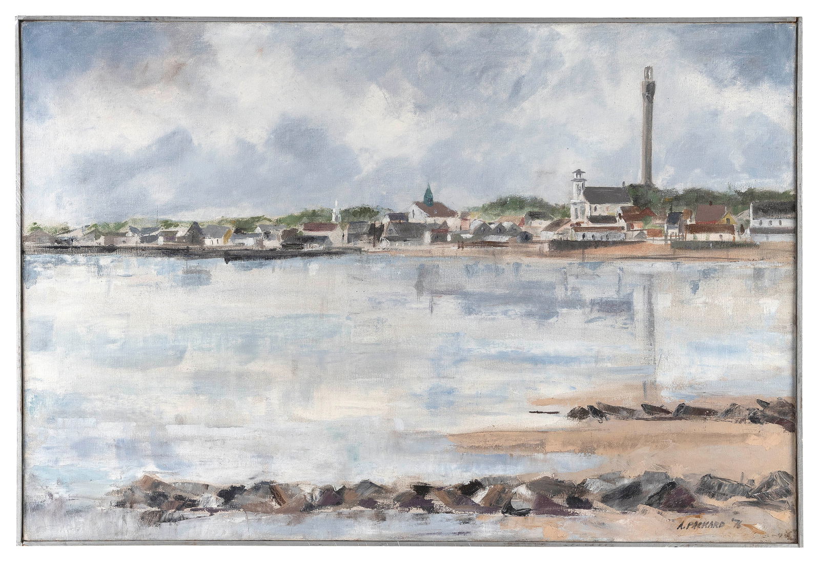 ANNE PACKARD (Massachusetts/New Jersey, 1933-), Provincetown shoreline as seen from the harbor., Oil (1 of 2)