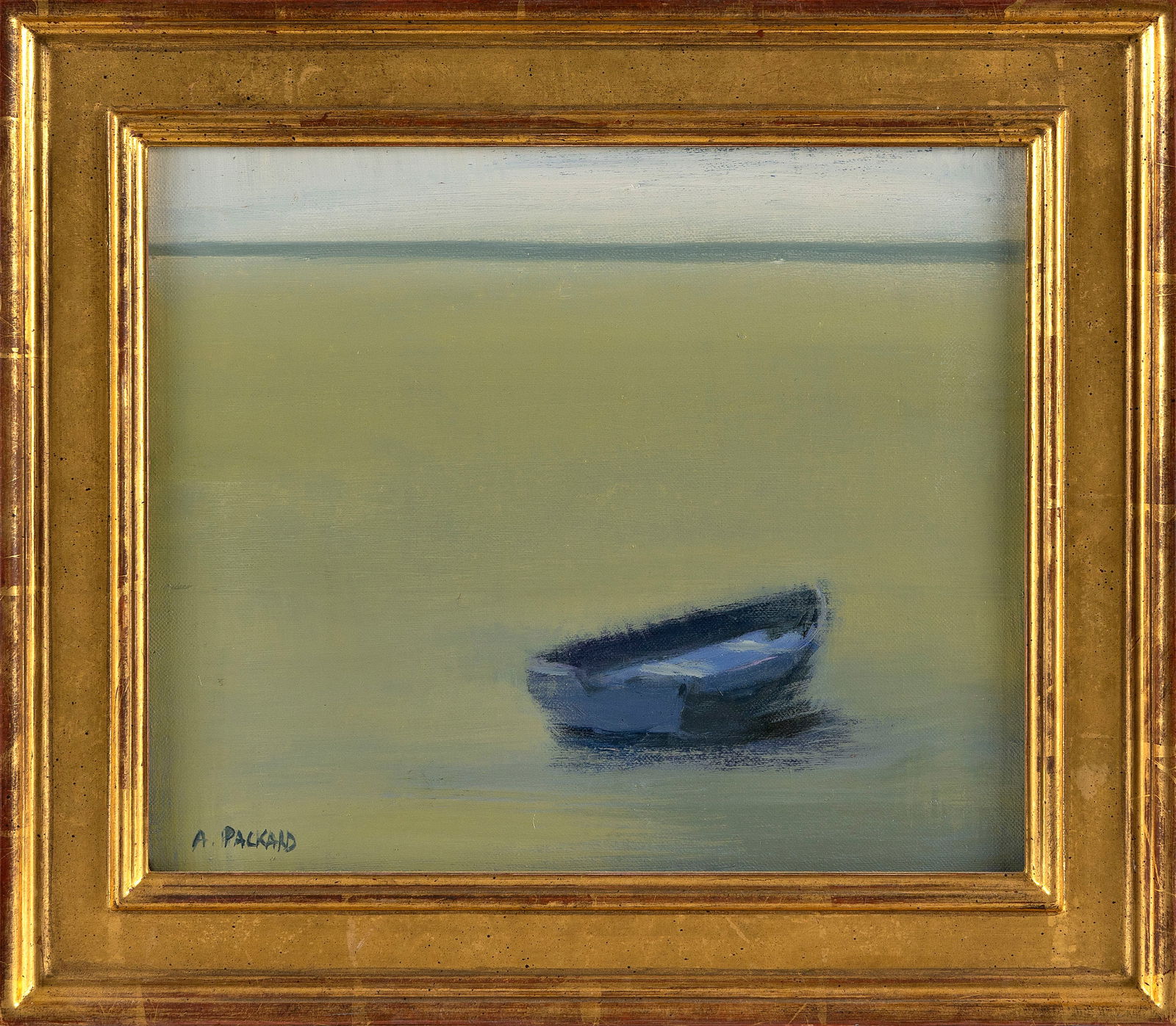 ANNE PACKARD (Massachusetts/New Jersey, 1933-), Moored dory., Oil on canvas, 10" x 12". Framed 14" x: ANNE PACKARDMassachusetts/New Jersey, 1933-Moored dory. Signed lower left "A. Packard".Oil on canvas, 10" x 12". Framed 14" x 16".