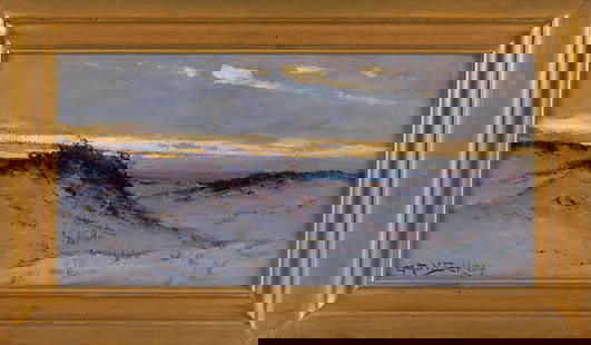 ARTHUR VIDAL DIEHL (Massachusetts/New York/England, 1870-1929), Dunescape at sunset., Oil on board,: ARTHUR VIDAL DIEHLMassachusetts/New York/England, 1870-1929Dunescape at sunset. Signed and dated lower left "Arthur V. Diehl 1924". Inscribed verso "[...] at Provincetown, Mass July 20th, 1924". Label