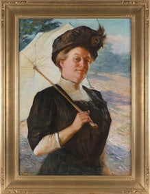 ISAAC HENRY CALIGA (Massachusetts/Indiana, 1857-1934), Woman holding a parasol., Oil on canvas, 36"
