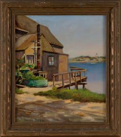 HAROLD C. DUNBAR (Massachusetts, 1882-1953), Home on the water's edge., Oil on board, 14" x 12".
