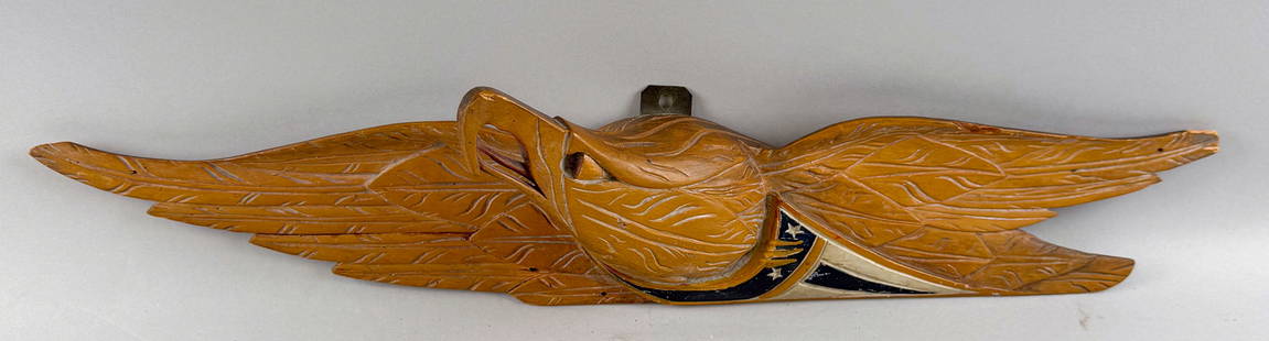 BELLAMY-SYLE CARVED WOODEN EAGLE PLAQUE America, Early 20th Century Height 6". Length 24".: BELLAMY-SYLE CARVED WOODEN EAGLE PLAQUEAmerica, Early 20th CenturyHeight 6". Length 24".