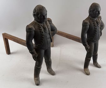 PAIR OF CAST IRON GEORGE WASHINGTON ANDIRONS Early 20th Century Heights 15".