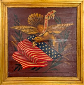 PAINTING OF AN EAGLE AND LIBERTY SHIELD Late 20th Century Framed 38" x 38".