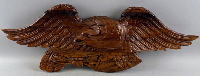 CARVED TEAK SCREAMING EAGLE PLAQUE 20th Century Height 12". Length 32".