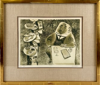 WILLIAM GROPPER (New York, 1897-1977), "Gourmet", 1965., Etching printed in olive, 12" x 15.5".