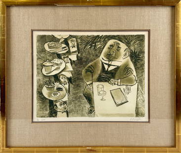 WILLIAM GROPPER (New York, 1897-1977), "Gourmet", 1965., Etching printed in olive, 12" x 15.5".: WILLIAM GROPPERNew York, 1897-1977"Gourmet", 1965. Published by Associated American Artists, New York. Printed by Emiliano Sorini. Signed and numbered 66/100 in pencil lower margin.Etching printed in