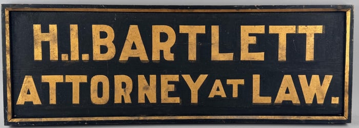 "H.I. BARTLETT ATTORNEY AT LAW." PAINTED WOODEN SIGN 20th Century Height 13". Length 37.5".