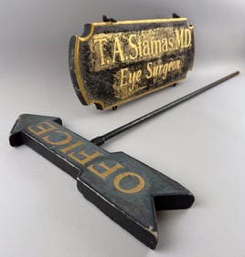 TWO PAINTED WOODEN SIGNS FROM A MASSACHUSETTS EYE SURGEON 20th Century Lengths 17" and 22".
