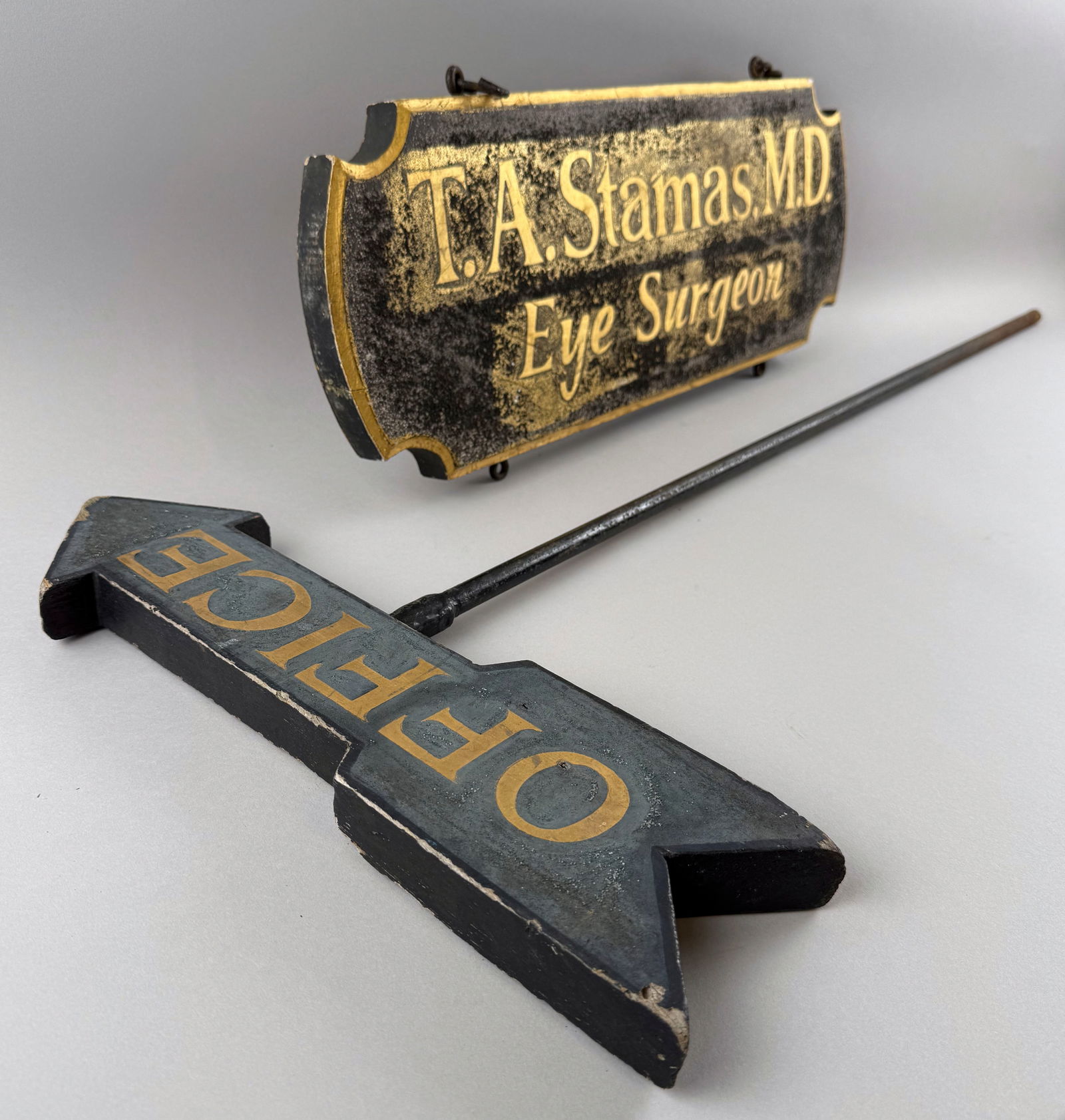 TWO PAINTED WOODEN SIGNS FROM A MASSACHUSETTS EYE SURGEON 20th Century Lengths 17" and 22". (1 of 3)